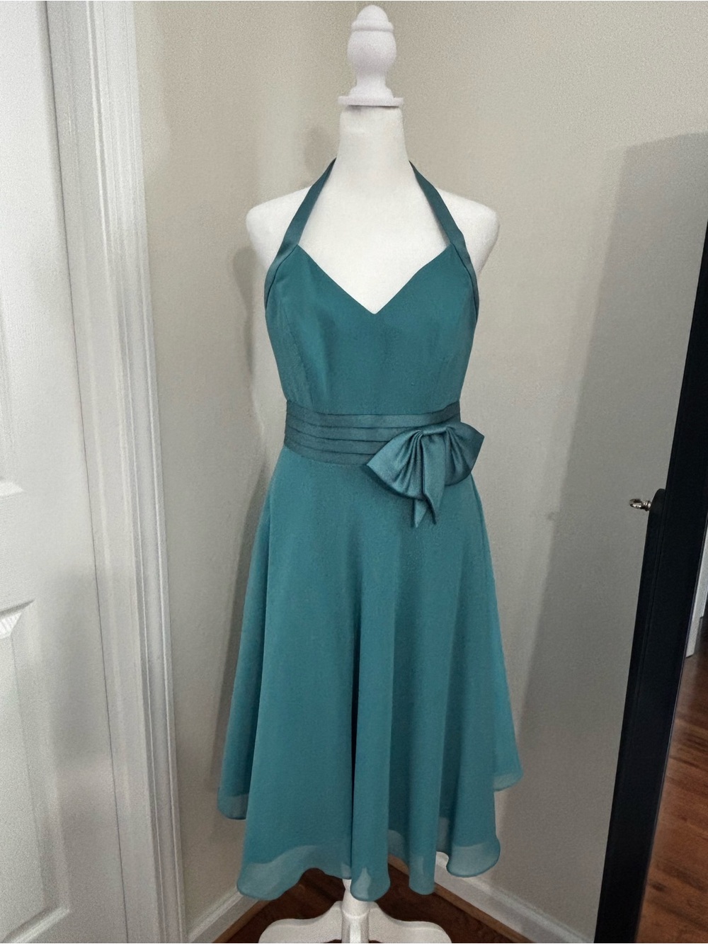 Alfred Angelo Teal Halter Fit-and-Flare Dress with Bow Waist